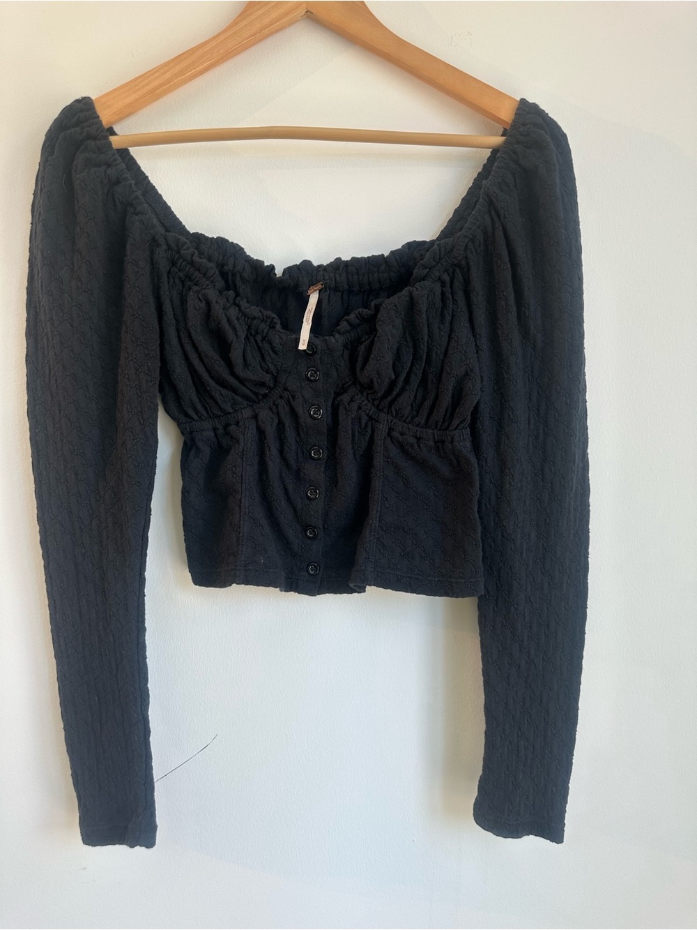 Free People Black Smocked Long Sleeve Crop Top, Size Medium